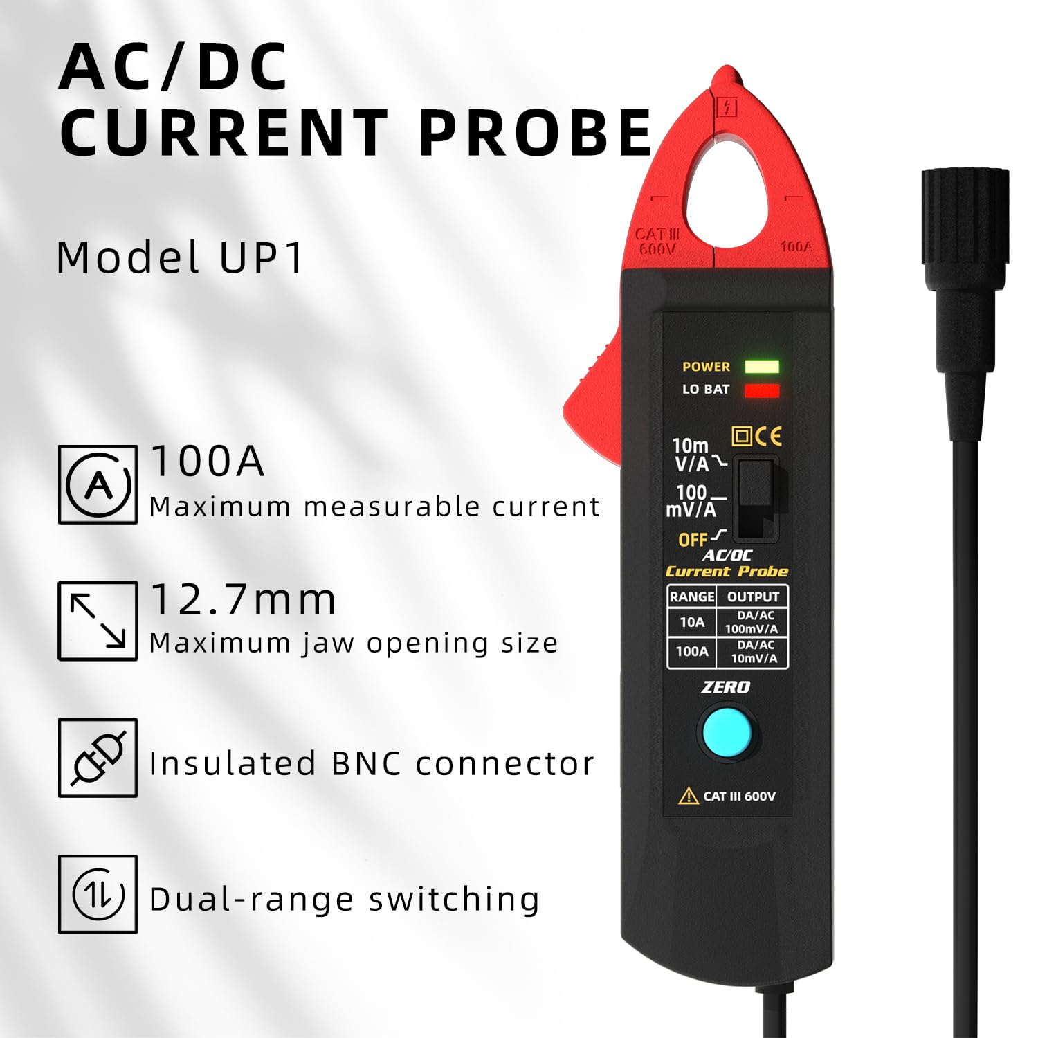 BSIDE UP1 AC/DC-Stromzangen messwandler für digitale Oszilloskope 100A Stromzange 20KHz-Bandbreite Oszilloskop Messzange mit BNC Anschluss