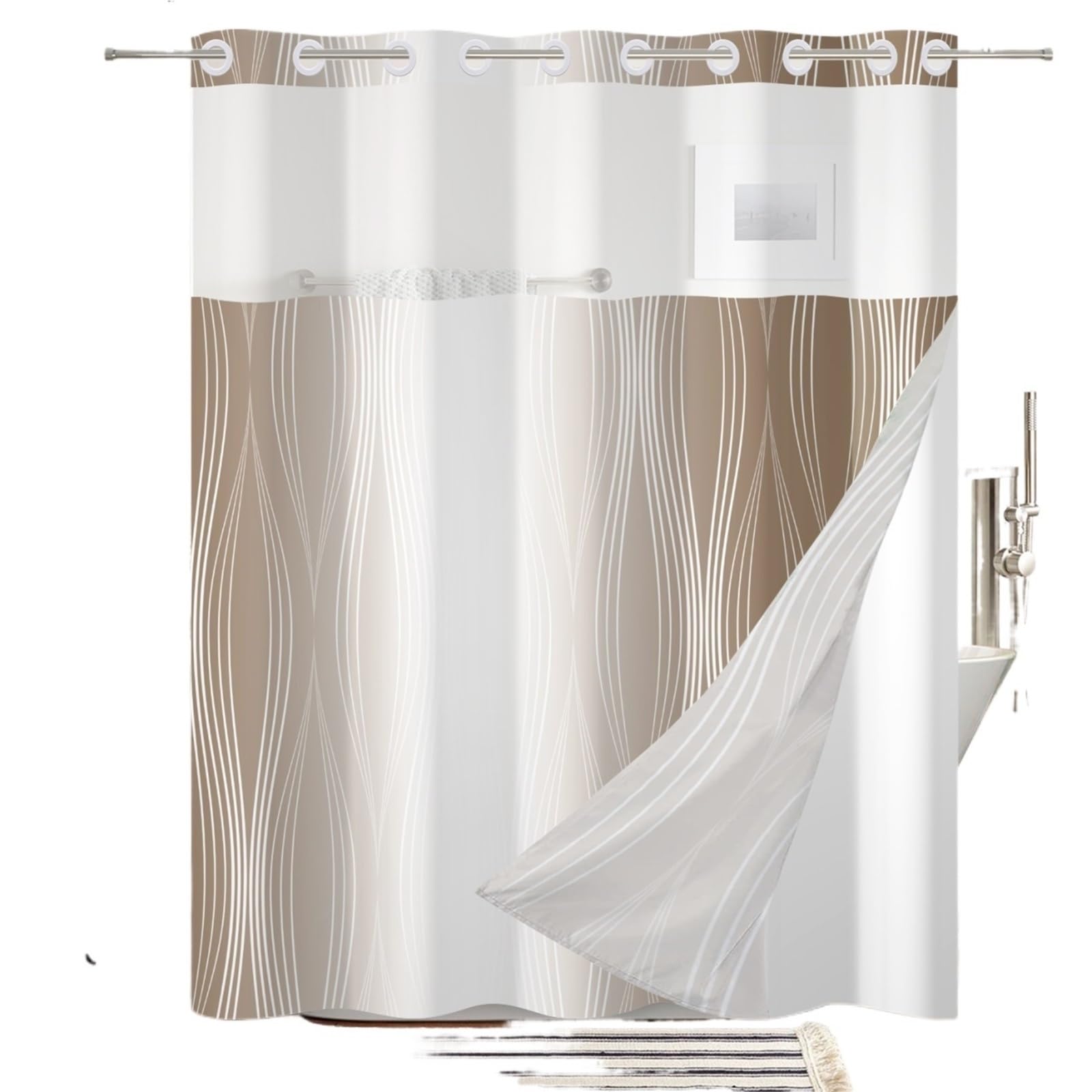 MZSKLW Shower Curtain Solid Color Gradient Shower Curtain Striped Hookless Double Layer With Snap In Removable Liner For Bathroom Bathtubs
