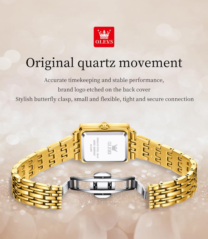 Image of OLEVS Gold Watches for Women Original Luxury Small Square Diamond Wrist Watch Analog Quartz Stainless Steel Waterproof Stylish Ladies Watch Date