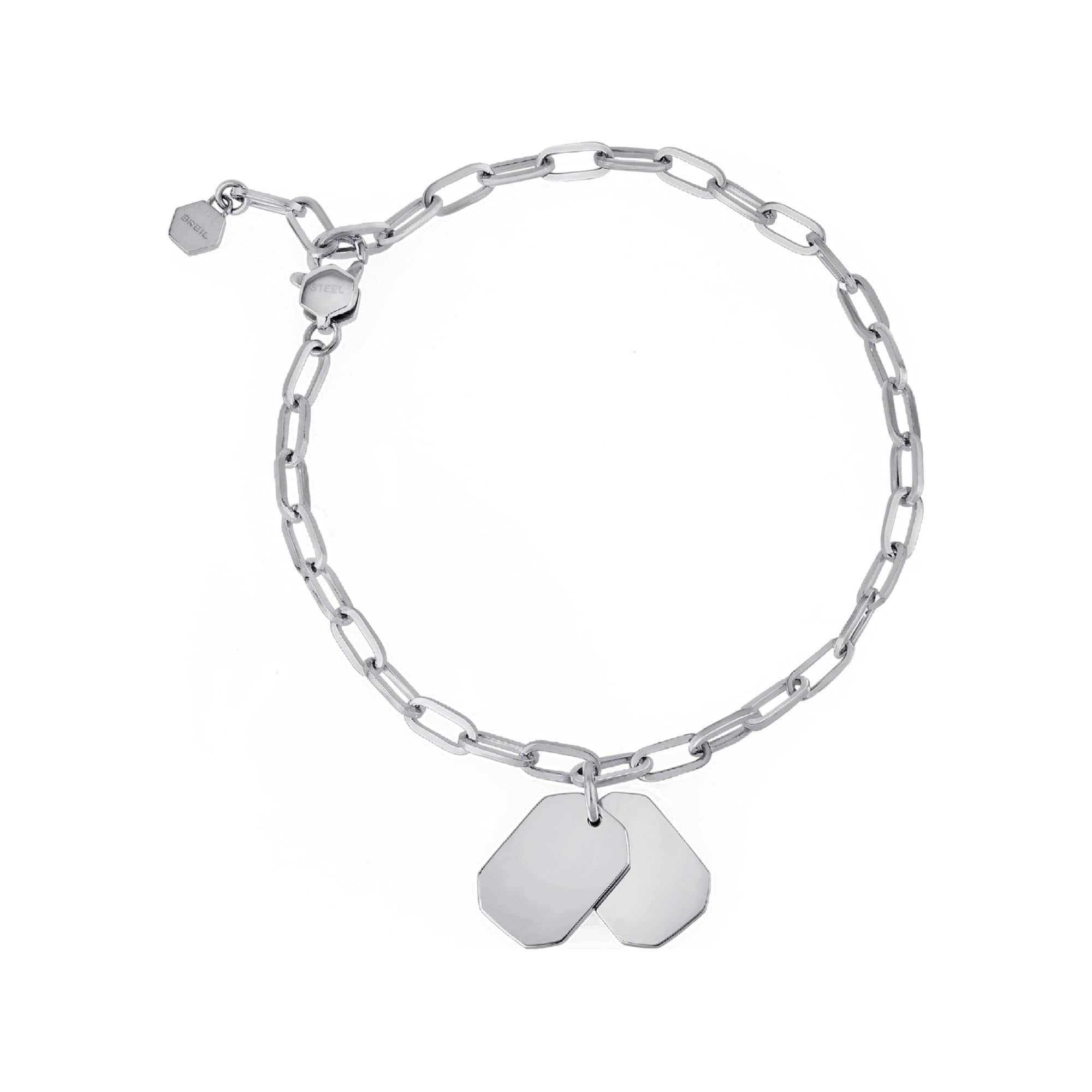 Breil, Bracciale Collezione Private Code, Catena in Acciaio Lucido con Piastrine Personalizzabili in Acciaio Lucido, Chiusura a Moschettone Regolabile con Lunghezza Massima di 21 cm