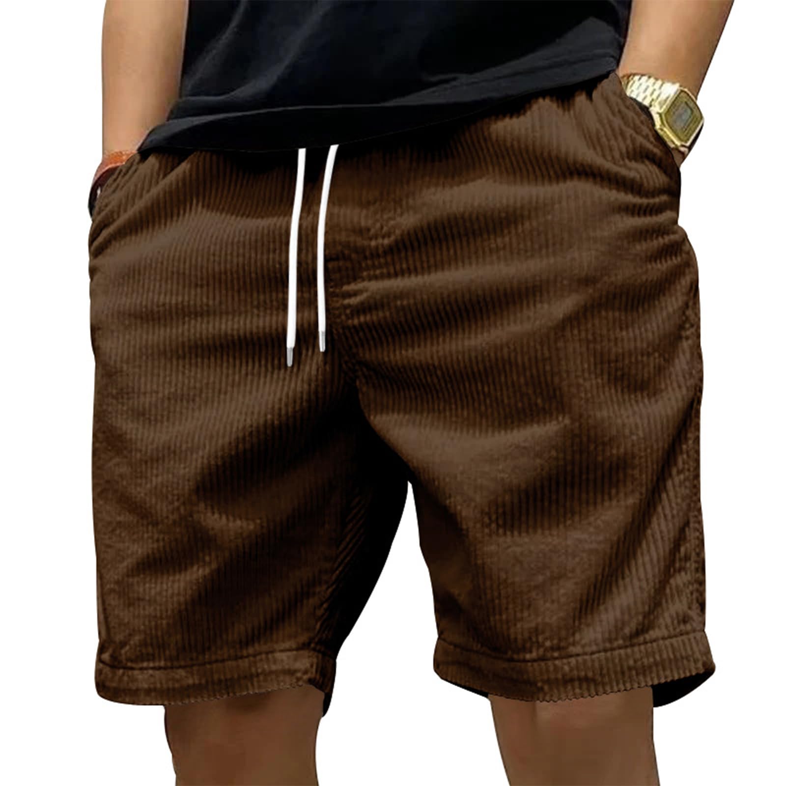 Mens Drawstring Corduroy Shorts 7 inch Elastic Waist Casual Summer Beach Sports Trousers with Pockets for Men