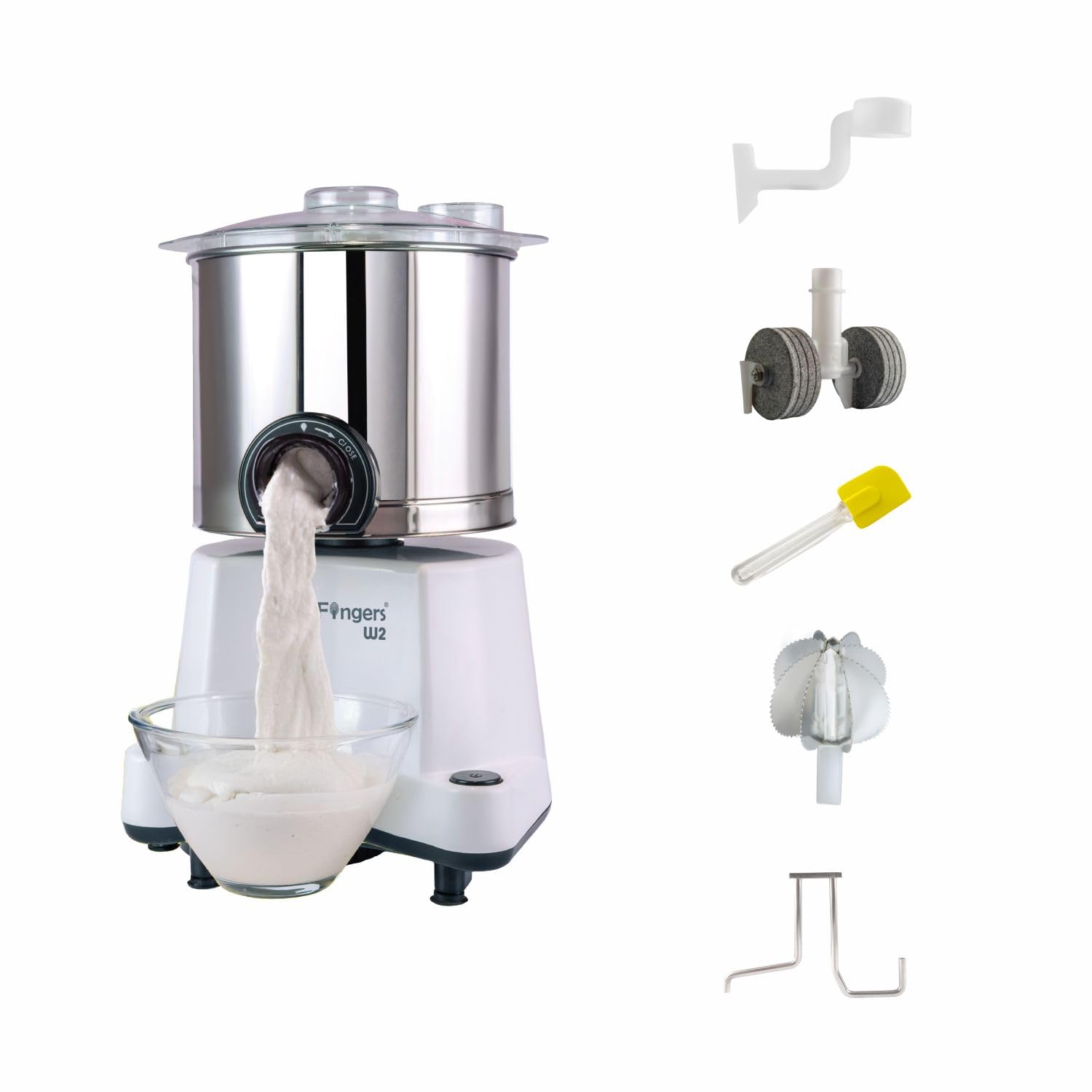 SmartFingers Comfort + Table Top Wet Grinder 230V, 2 Liter, White with Coconut Scrapper & Atta Kneader Attachment | Hands-Free Batter Dispenser | Top Wiper, 150W Motor | 5 Years Warranty | AISI 304