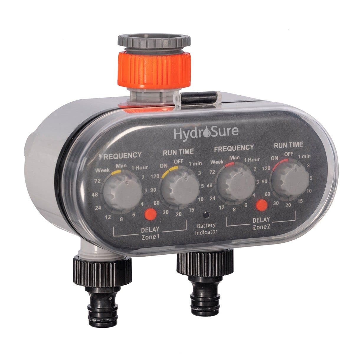 Hydrosure Grey Dual Outlet Water Timer | Automatic Irrigation Controller With Independent Dual Zone Programming, Adjustable Scheduling 1–120 Minutes Or 1 Hour–7 Day Cycles, Battery Powered Garden Tap Timer