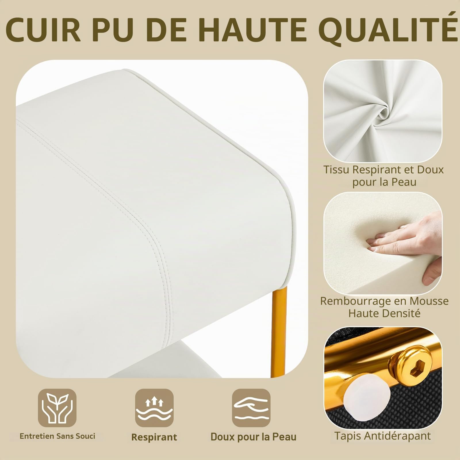 Hellove Tabouret Coiffeuse, Tabouret Chaise de Maquillage avec Pieds en Acier doré en Cuir, Pouf Coiffeuse Confort Vanity Stool Fille pour Dressing Room, Salon, Chambre, Capacité 135 kg, Blanc