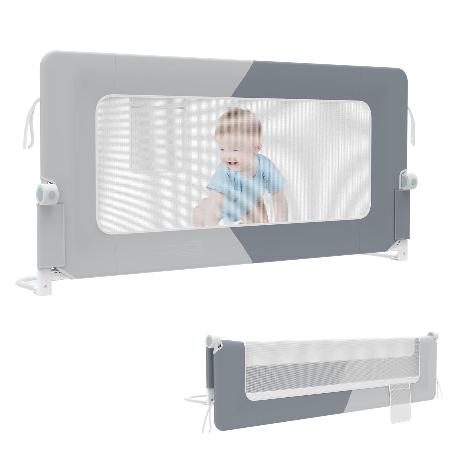 YUENFONG Barrera de cama de 200 cm, protección anticaídas para niños, altura regulable de 72 a 96 cm, plegable, color gris oscuro y gris claro