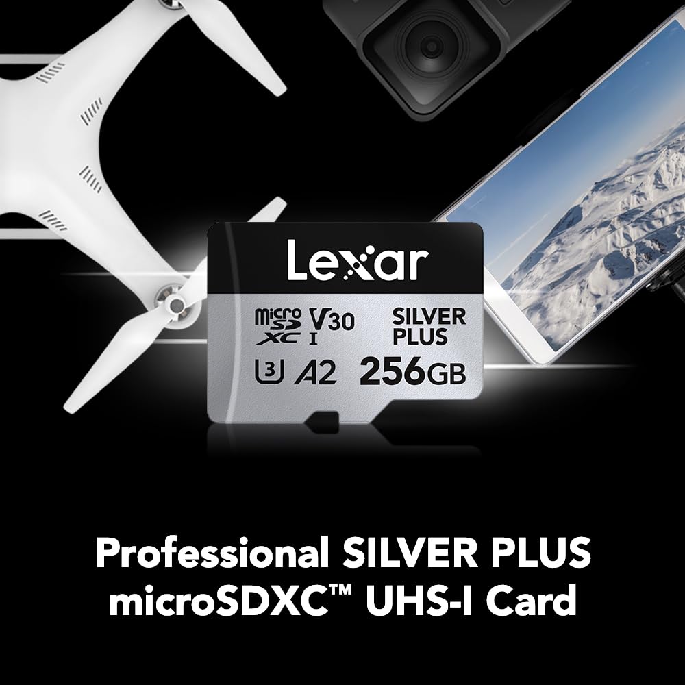 Lexar Tarjeta de Memoria microSDXC Professional Silver Plus de 256 GB con Adaptador SD, UHS-I, C10, U3, V30, Full-HD y Video 4K, hasta 205/150 MB/s de Lectura/Escritura, para videógrafos, Jugadores