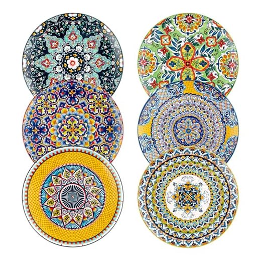 HENXFEN LEAD Ceramic Dinner Plates Set of 6-10.6 Inch Large Dessert, Pasta, Salad Plate, Porcelain Colorful Serving Dishes for Kitchen & Restaurant, Dishware, Microwave & Oven safe - Bohemian Style