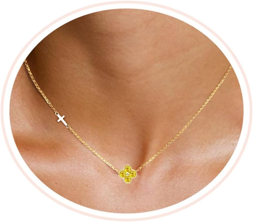 Sideways Cross Birthstone Necklace for Women Non Tarnish 18K Gold Plated Four Leaf Clover Necklace Dainty Gold Choker Necklaces for Her Trendy Jewelry Birthday Gifts