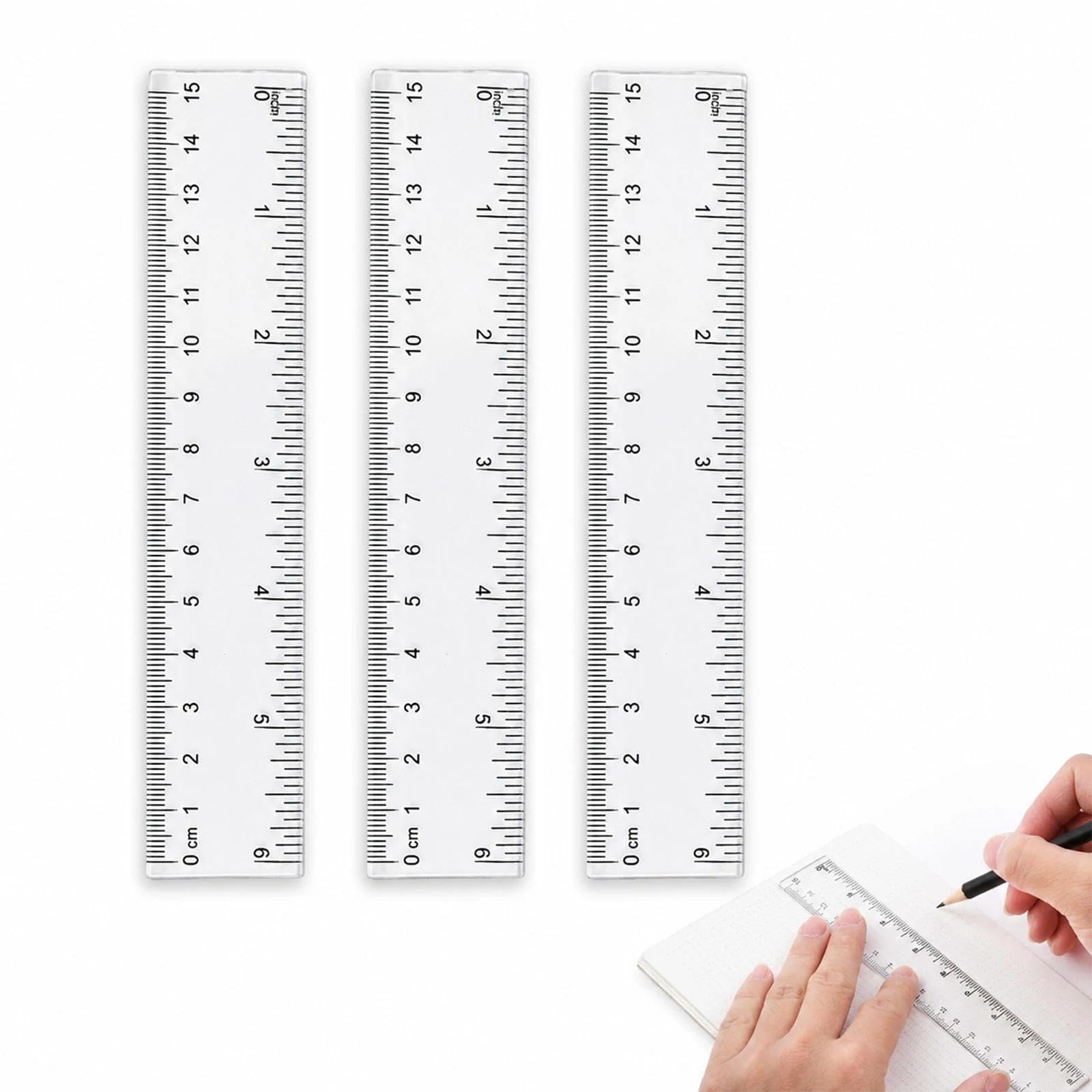 3 Pack 15cm/6 Inch Clear Plastic Rulers, Dual Scale Centimetres & Inches, Shatterproof Small Straight Rulers for School, Office, Home & Journaling
