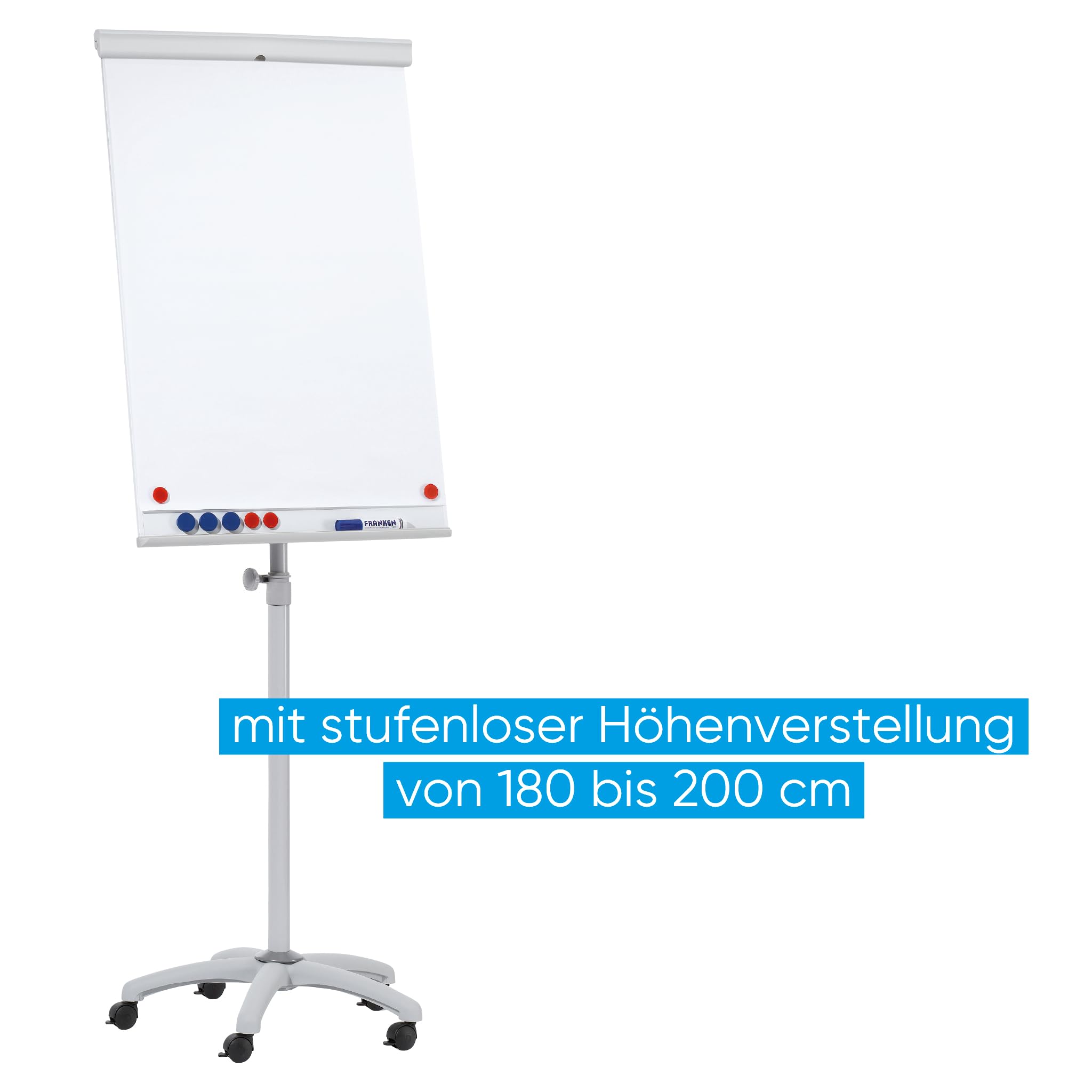 FRANKEN Flipchart, Beschreibbar, Magnetisch, Mobil, Mit Rollen, Whiteboard mit Ständer, Papierhalterung und Stifteablage, 68 x 105 cm, X-tra!Line Mobil, EL-FC31