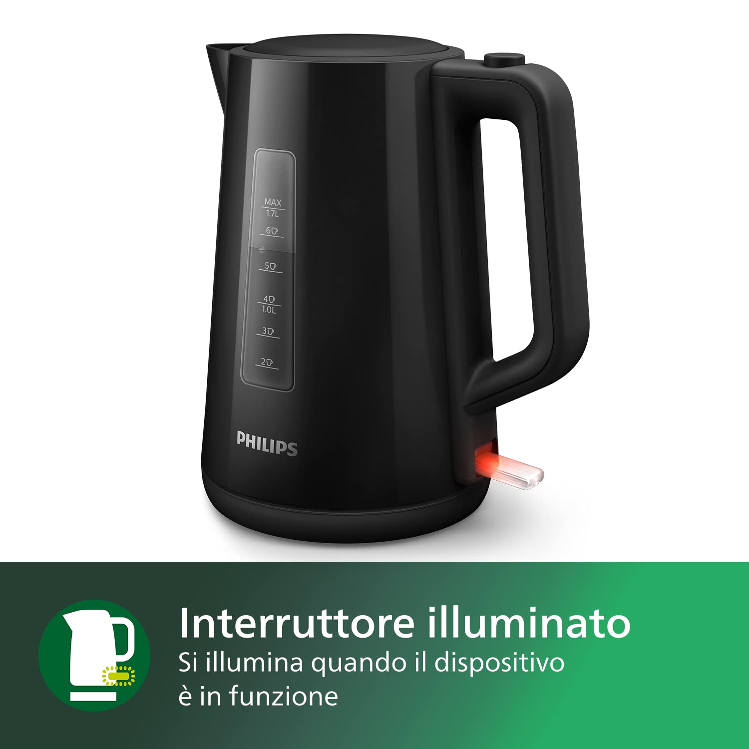 Philips Series 3000 Bollitore, Capacità 1,7 L, Formato Famiglia, Resistenza Piatta, Spia Luminosa LED, Facile Riempimento, Indicatore in Tazze, Nero (HD9318/20)