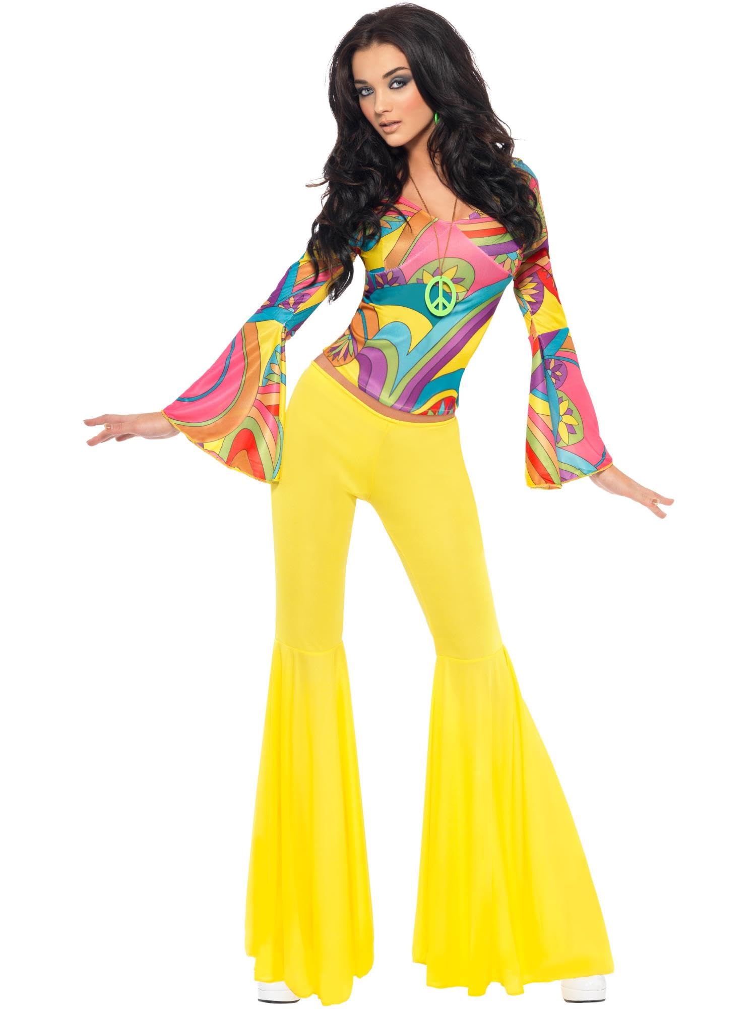 Smiffys 70s Groovy Babe Costume, Yellow with Top and Flared Trousers, 1970's Disco Fancy Dress, 1970s Dress Up Costumes