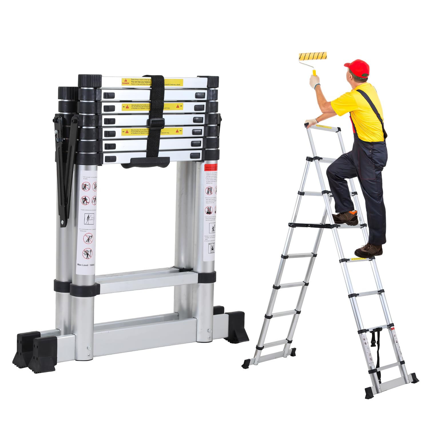 Sonnewelt Escalera telescópica plegable de 2 m + 2,3 m, 6 + 7 peldaños, marco A, escalera multiusos de aluminio, escalera extensible para reparaciones de tejados
