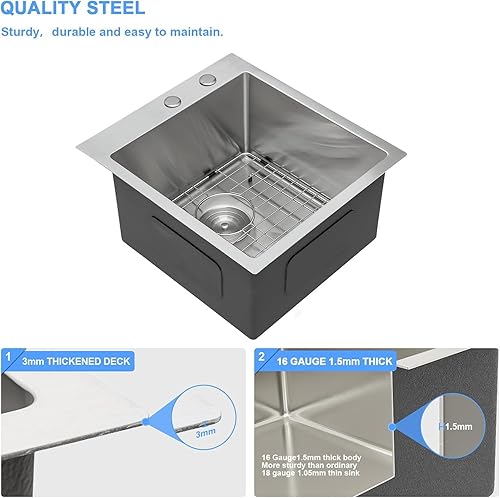 Miniatura 4 de Lordear - Fregadero de cocina encajado de 21 x 20 x 10 pulgadas, tipo bar, de acero inoxidable de calibre 16, con una sola cubeta, para exteriores