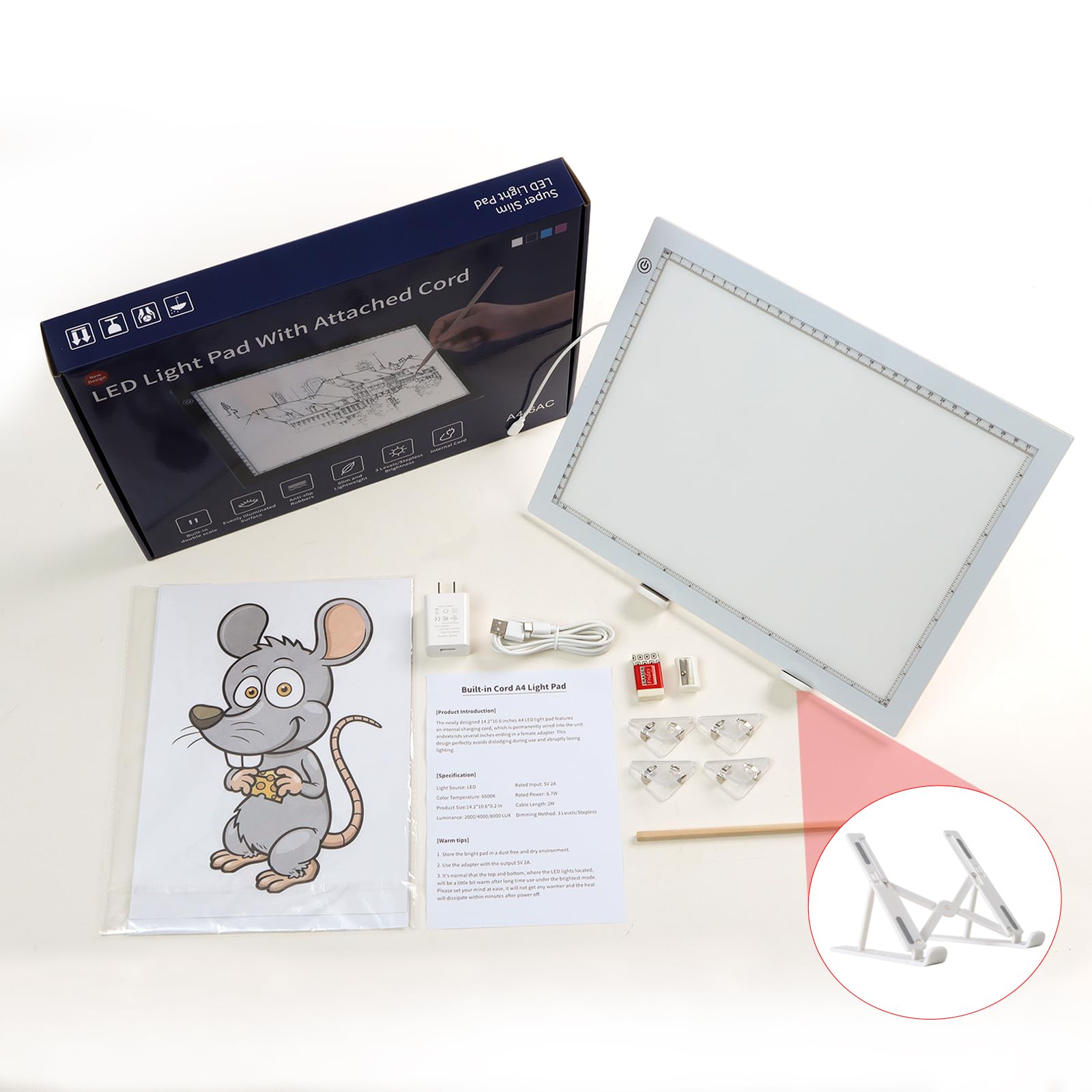 TOHETO A4 Lavagna Luminosa per Disegnare con Supporto Pieghevole, 8000 Lux Tampone Luminoso Ultra Sottile Artista LED Tracing Light Pad Board Box for Tracciamento, Disegno, Pittura Diamante - Bianco