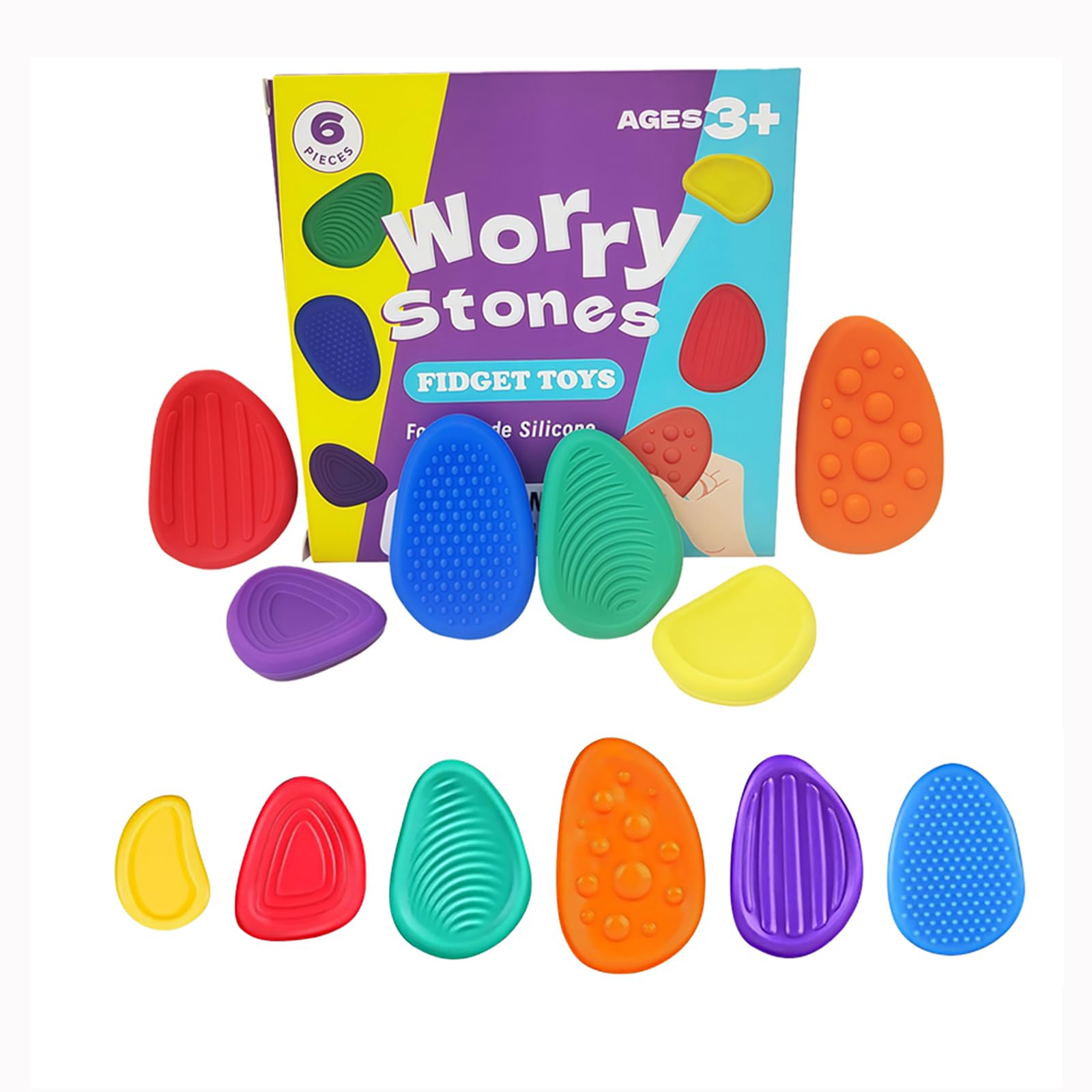 – Sensory Toys, QIANSSE 6pcs Textured Stone Fidget Toys for Kids & Adults Anxiety Relief Worry Stones Silent Office Finger Toys for Autism, Teens, School