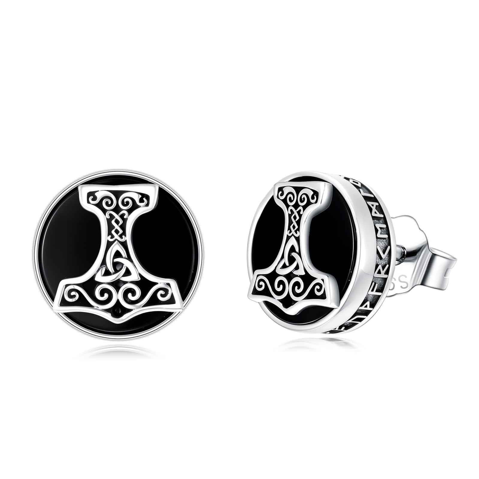 PROESS Wikinger Ohrringe 925 Sterling Silber Natürlicher Schwarzer Onyx Ohrstecker Valknut Knoten/Ankh Kreuz/Thors Hammer/Baum des Lebens/Skull Schmuck Geschenke für Damen Herren