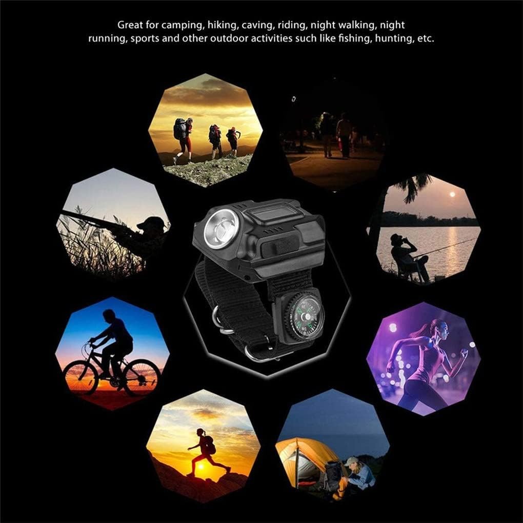 HBJWOV LED Wrist Flashlight Rechargeable Compass Watch Light Portable Wrist Light XPE Outdoor Camping Hiking Lighting Tool