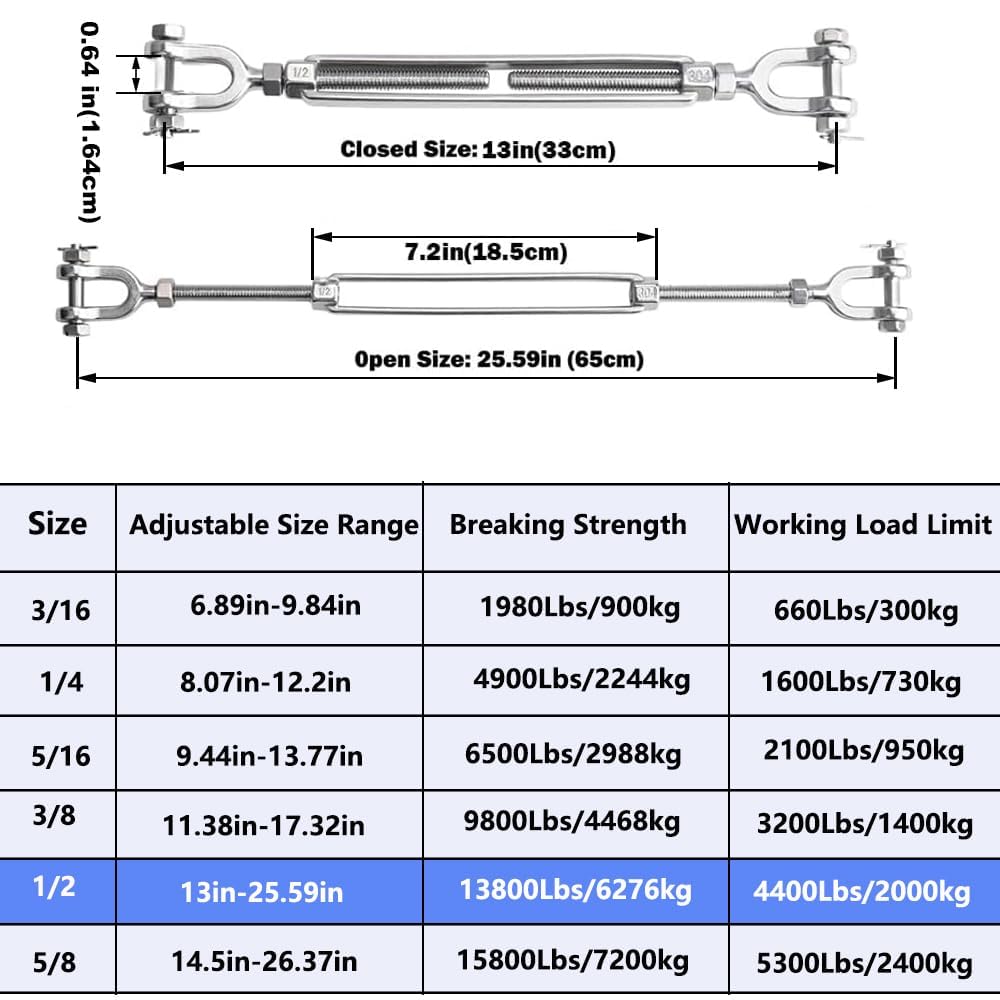 Tendeur 1/2 M12 en acier inoxydable 304, limite de charge de travail de 1995,8 kg, tendeurs de mâchoires et mâchoires pour câbles, tendeurs de fil, tendeur pour voile d'ombrage, cipline de