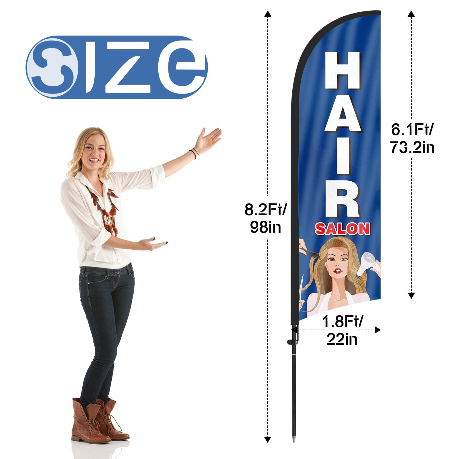 Bandera de plumas de peluquería con kit de mástil de bandera y estaca para el suelo, bandera sin viento de 8.2 pies para peluquería, letrero de negocios para publicidad al aire libre
