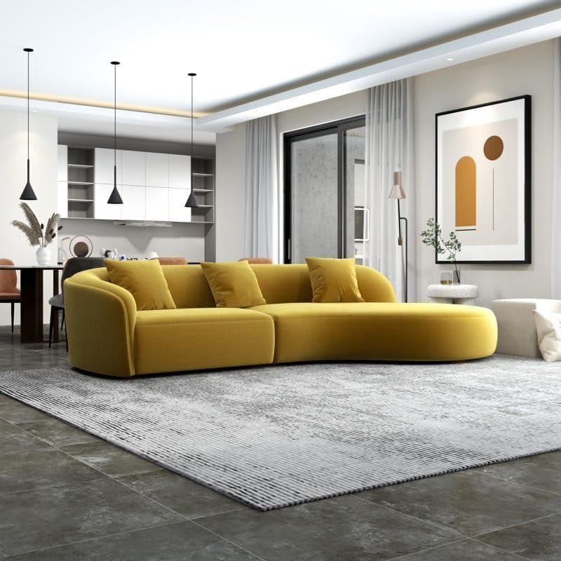 Image of 110.24 inch Modern Futuristic J- Style Curved Velvet Sofa, Sectional Sofa Round Arm with Soft Pillow for Living Room, Bedroom, Hallways (Yellow)