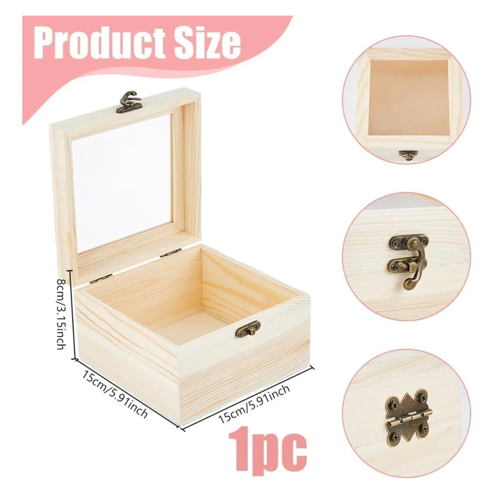 Caja de almacenamiento de madera sin tratar Caja de madera con tapa transparente, cajas pequeñas cuadradas sin terminar, caja artesanal 15x15x9,5 cm ventana for almacenamiento joyas