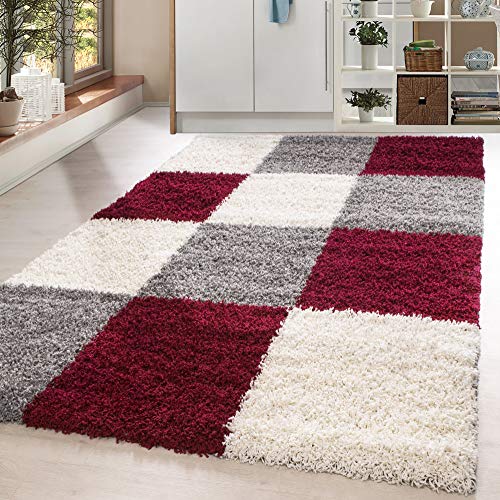 HomebyHome tapis Salon Moderne Chambre Rouge 120x170 cm - Tapis Shaggy Salle de Séjour à Poils Longs Carreaux Concevoir Doux et Moelleux