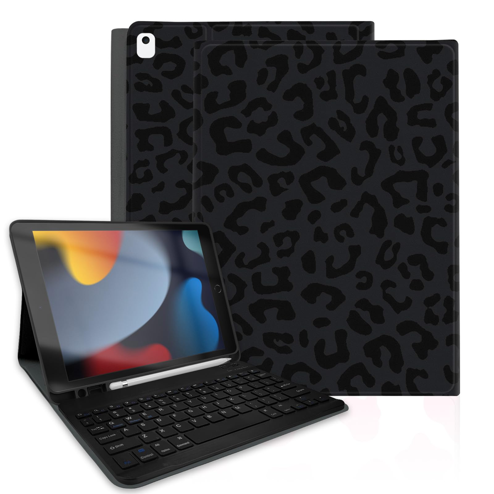 TopPerfekt for iPad 9th Generation Keyboard Case 10.2" 2021, Magnetically Absorbent, Auto Sleep/Wake, Pencil Holder for iPad 8th Gen 2020, 7th Gen 2019, Air 3rd, pro 10.5" - Black Leopard