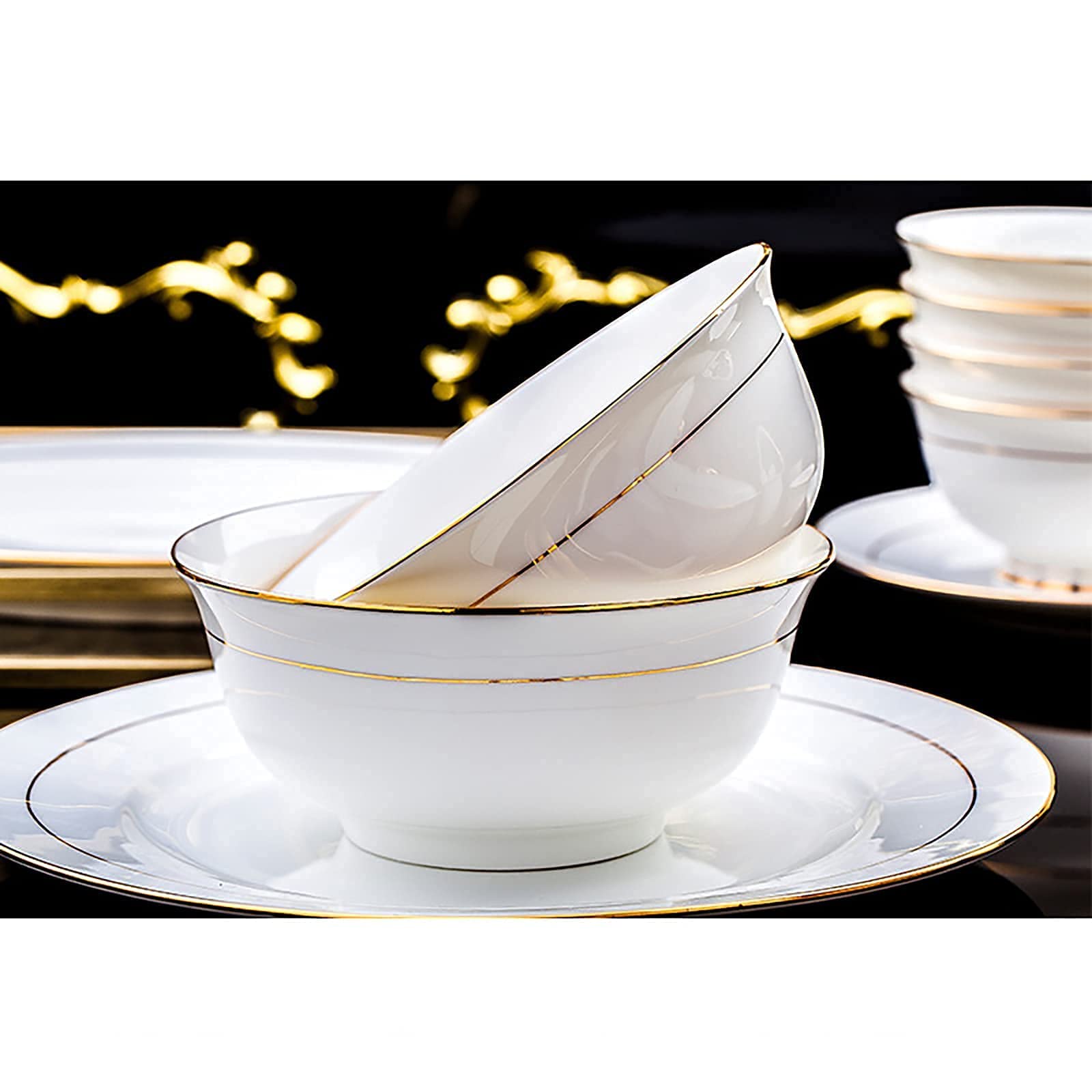 H3TF5J Zestaw stolików kości China China, 42 sztuki dla 6 osób, elegancki, spłaty złoto, bezpieczny w piekarniku mikrofalowym, nano samoczyszczące się szkliw (56 sztuk dla 10 osób)