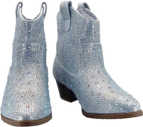 Forever Girls Rhinestone Cowboy Boots Kids Low Heel Dress Booties River-01K Silver 13