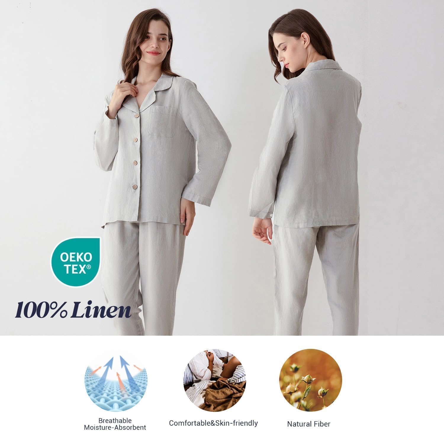 Simple&Opulence Conjunto de pijama de lino 100 % para mujer, camisa y pantalones suaves, ropa de descanso de 2 piezas, ajuste delgado, suave y transpirable, S-L