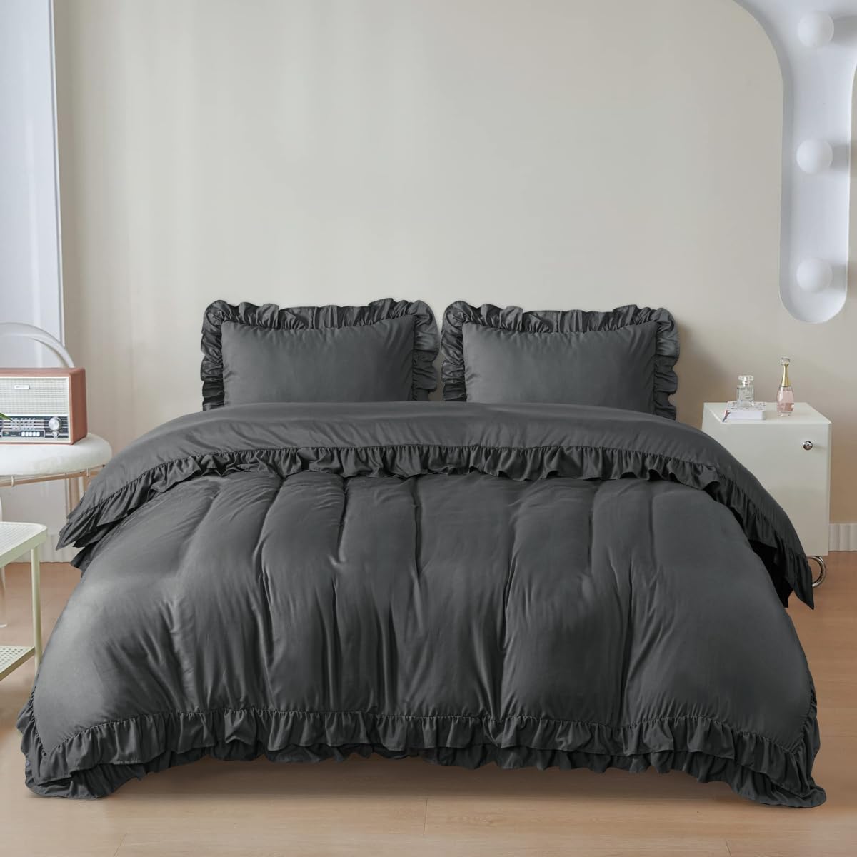 QATAN 3 Pieces Ruffle Bedding Set with 2 Pillowcase Frills Duvet Cover with Button Closure Soft Microfiber Duvet Cover Set (Charcoal, Super King)