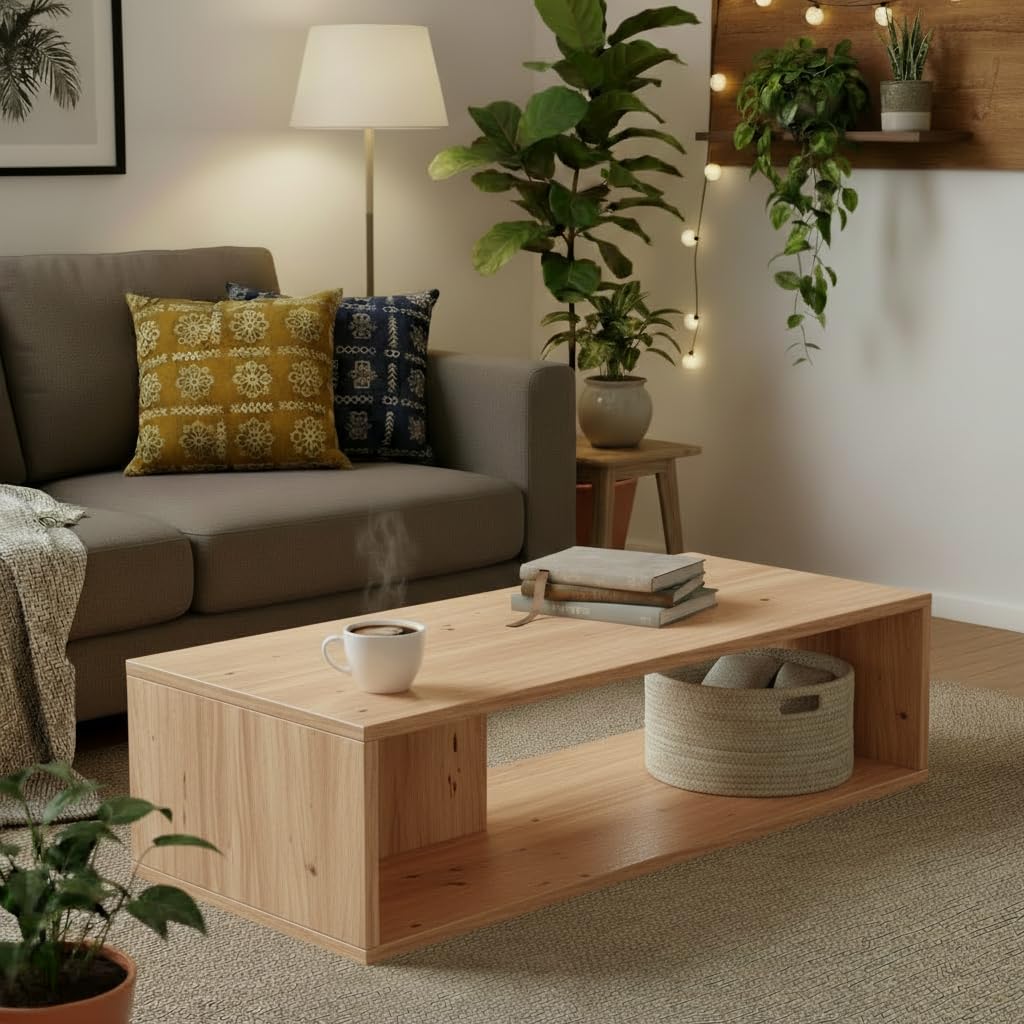 FURLAY Aura Engineered Wood Coffee Table, Minimalist Matte Classic Oak Coffee Table – 80cm Center Table with Asymmetrical Open Storage & Sleek Geometric Design for Living Room (FWTC5-Classic Oak)