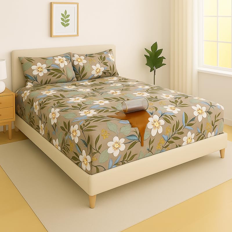 Image of HOMEKART Waterproof Fitted Bedsheet for King Size 78x72+10 inch | Leakproof, Noiseless, Skin-Friendly | Elastic Bed Sheet with 2 Pillow Covers | Dustproof & Breathable -Green & White