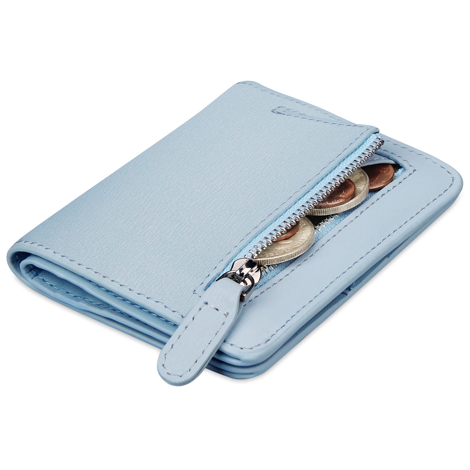 FT FUNTORSmall Wallet for Woman with Card Ladies Bifold Zipper Pocket RFID Blocking Leather Wallet Purse (Hand Graining Blue)