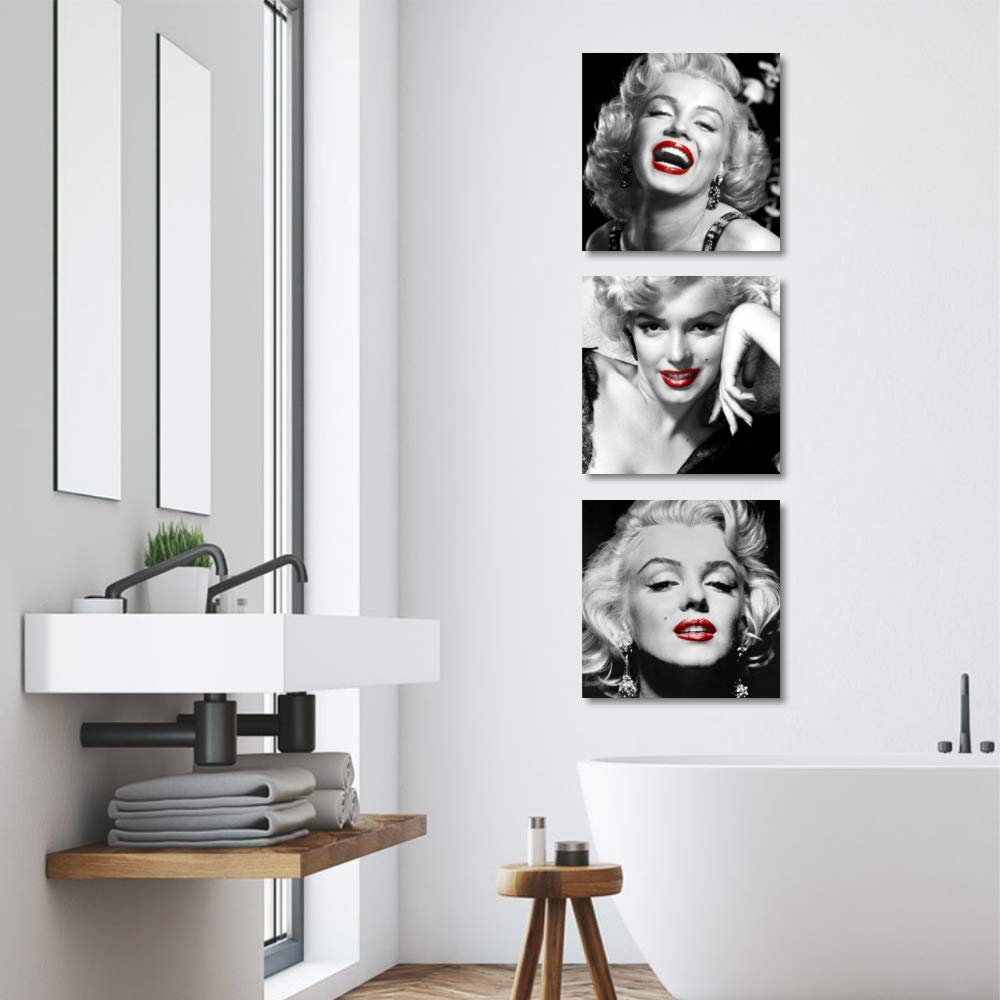 Quadri L&C ITALIA Marilyn Labbra Rosse - Quadri Moderni Soggiorno Cucina Ufficio 3 Quadretti 25 x 25 Stampe su Tela da Parete Bianco Nero