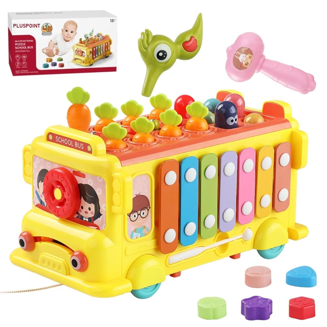 PLUSPOINT School Bus Activity Toy for Kids Multifunctional Pull-Along Bus with Gears, Teaching Clock, Fishing Game Color Matching Shape Puzzles Whack-a-mole Toddler Musical Toy for 1-5 yrs (B08KGNFM2R) Amazon Price History, Amazon Price Tracker