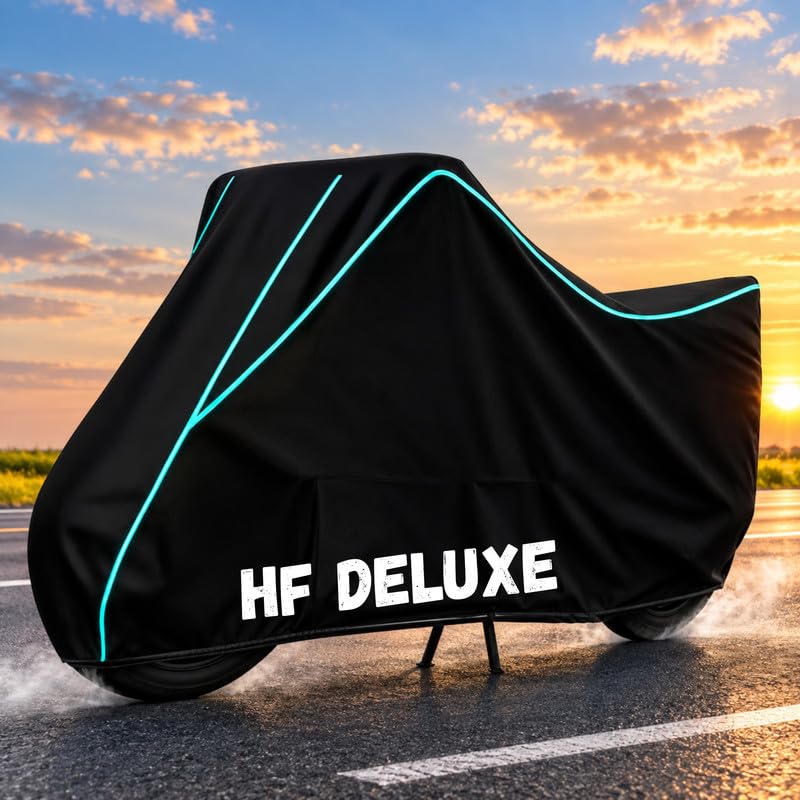 Image of Bike Body Cover for HF Deluxe - Heavy Duty Waterproof, Dustproof & Scratch Resistant Motorcycle Cover, Full Body Outdoor Cover with UV & Rain Protection, Black Aqua Piping