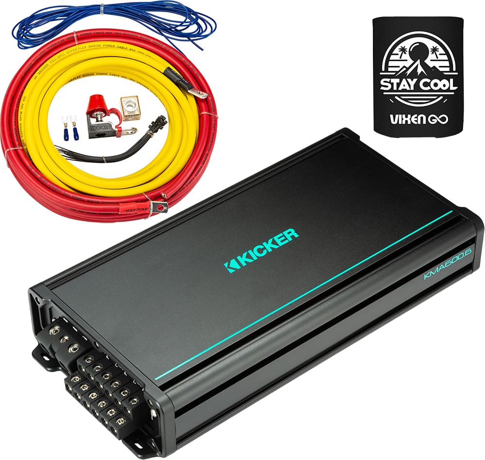 KICKER Amp and Wiring Kit Package of 2 Items 600W 6-Channel KMA Series Marine Amplifier with 4AWG Power Wiring Kit - Boat Kit - 48KMA600.6 Amplifier & 47KMPK4 Wiring Kit