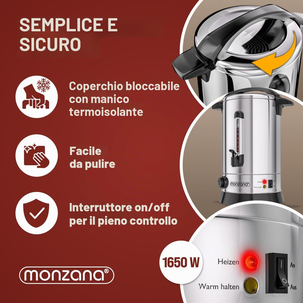 MONZANA® Bollitore per Vin Brulé 20L con Rubinetto 90 Tazze Acciaio Inox Regolazione 30-110°C Erogatore Bevande Calde Punch