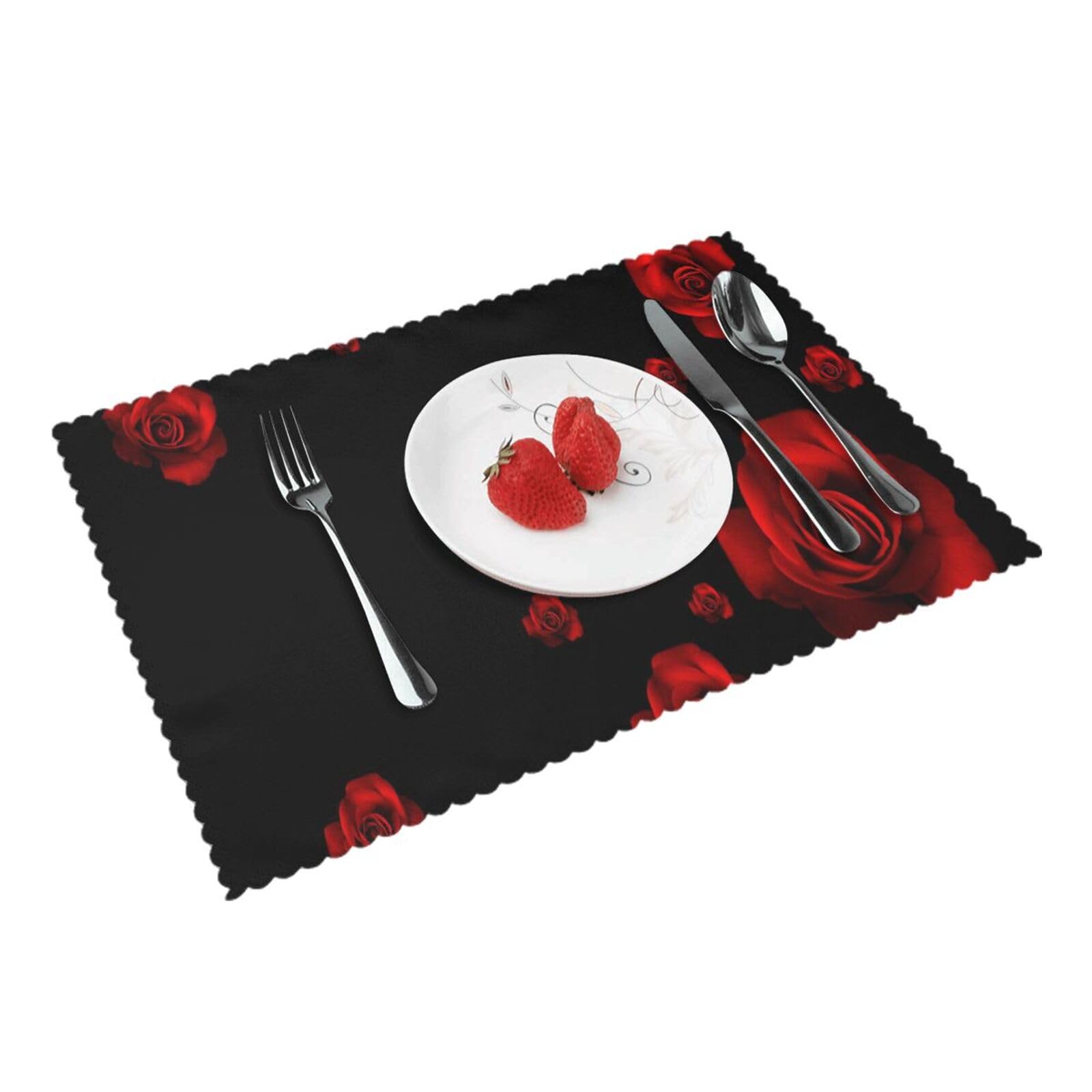 Bnvsadc Red Rose Black Background 4 Pcs Heat Resistant Placemat 45X30 Cm, Printed Non-Slip Place Mats For Kitchen Dining Table Indoor Outdoor