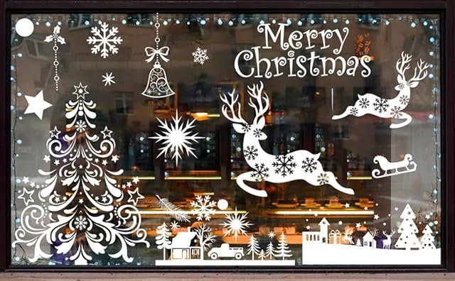 DERAYEE Large Christmas Window Decorations, 4 Sheet Christmas Window Stickers Giant Xmas Window Clings Snowflake Sticker White for Home Store Shop Window Door Display