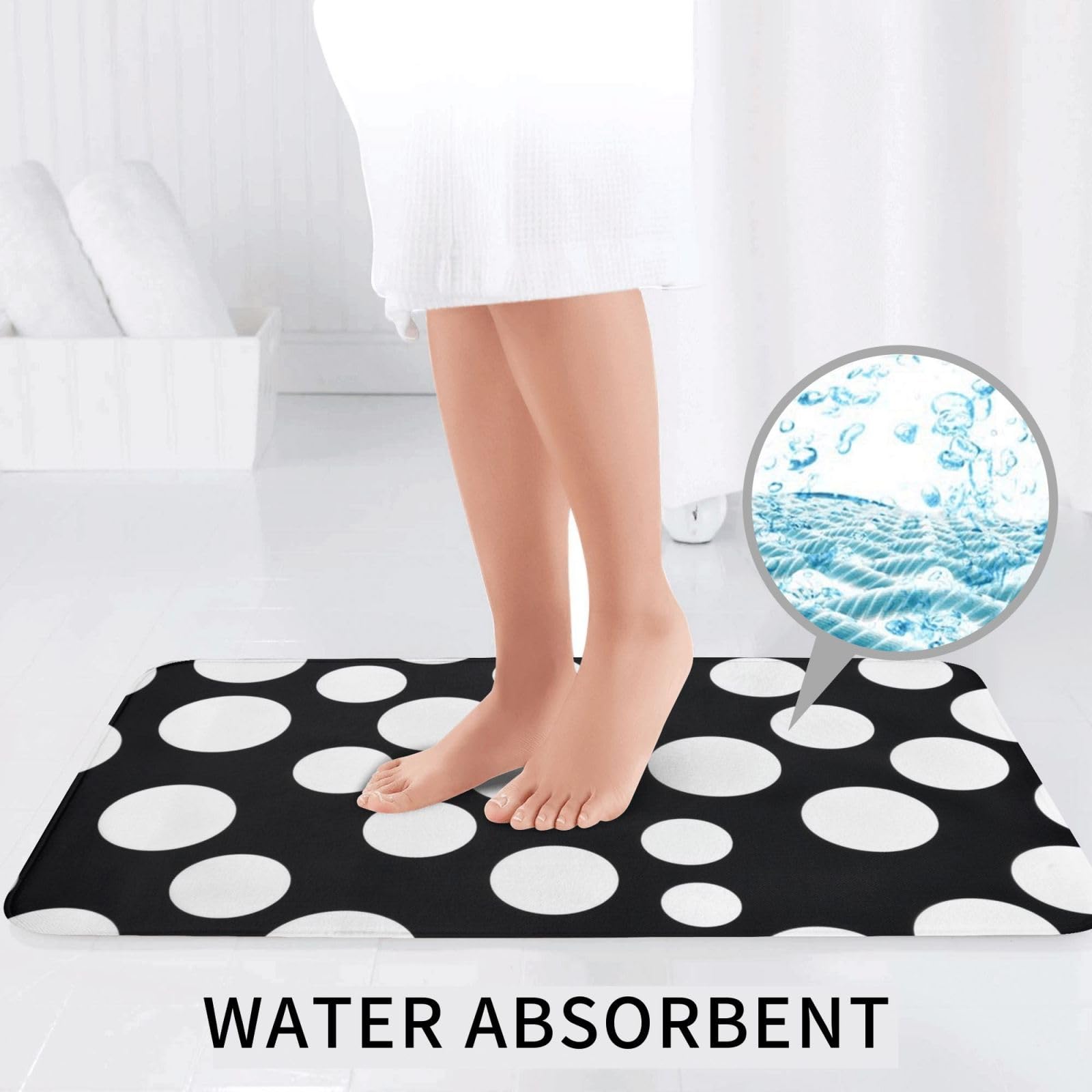 Lot de 3 tapis de bain antidérapants et absorbants en flanelle avec motif à pois noirs et blancs
