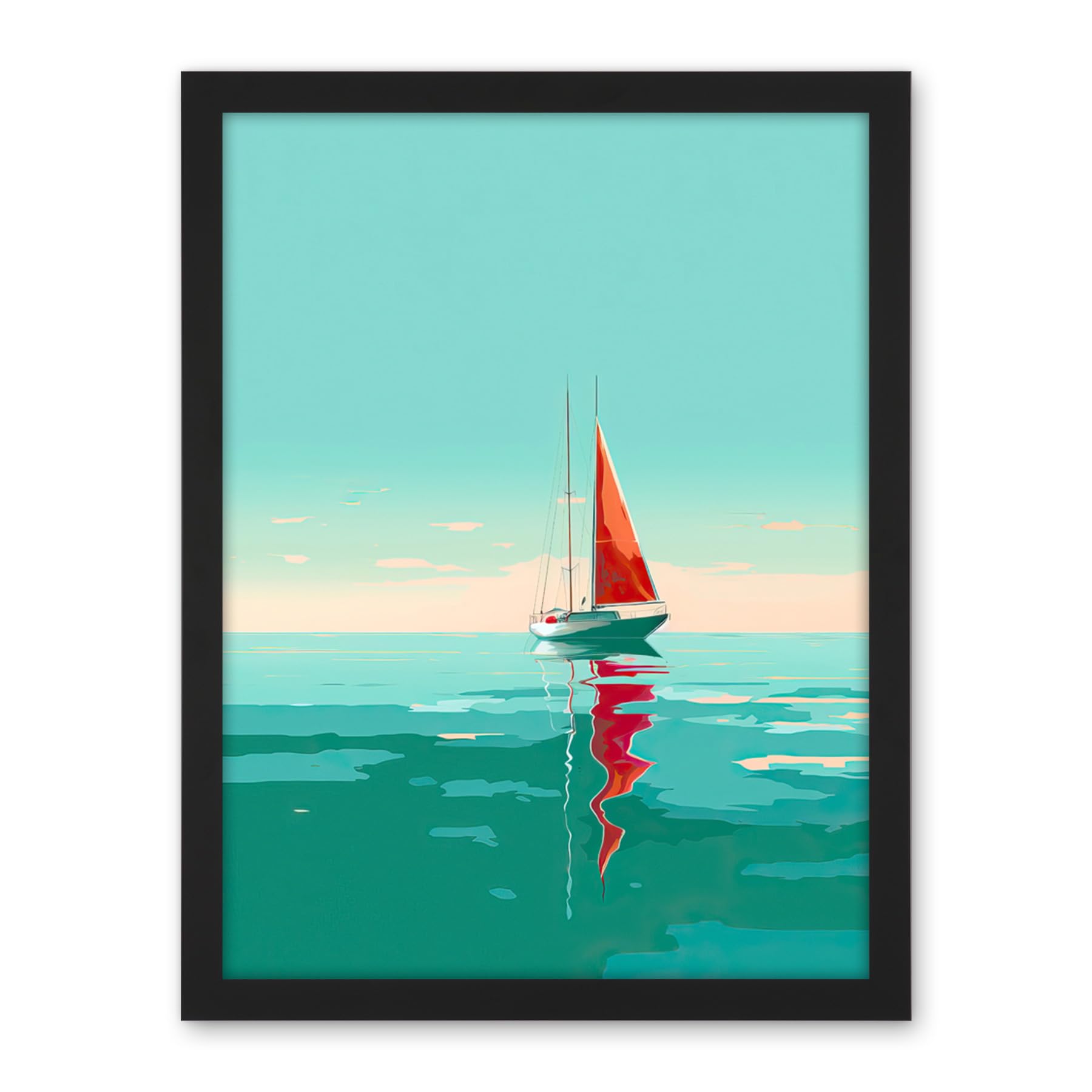 Artery8 A Sailboat with a Red Sail Sailing on a Calm Sea Artwork Framed Wall Art Print 18X24 Inch
