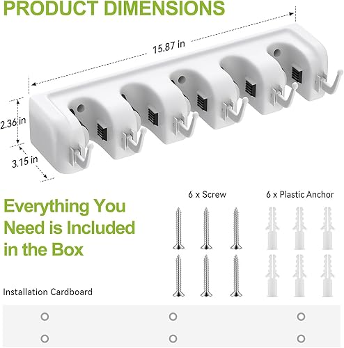 Miniatura 3 de LETMY Soporte de pared para escoba, soporte para fregona y escoba, estante de almacenamiento de garaje y organizador de herramientas de jardín, 5