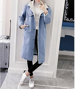 Women Vintage Sherpa Fleece Lined Maxi Long Denim Jean Jacket