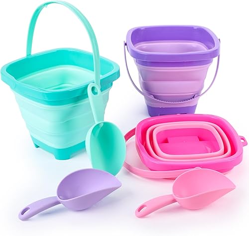 Shindel 3 cubos plegables con 3 palas, cubo de arena plegable colorido cubo de playa plegable para playa, diversión en la playa, vacaciones de verano