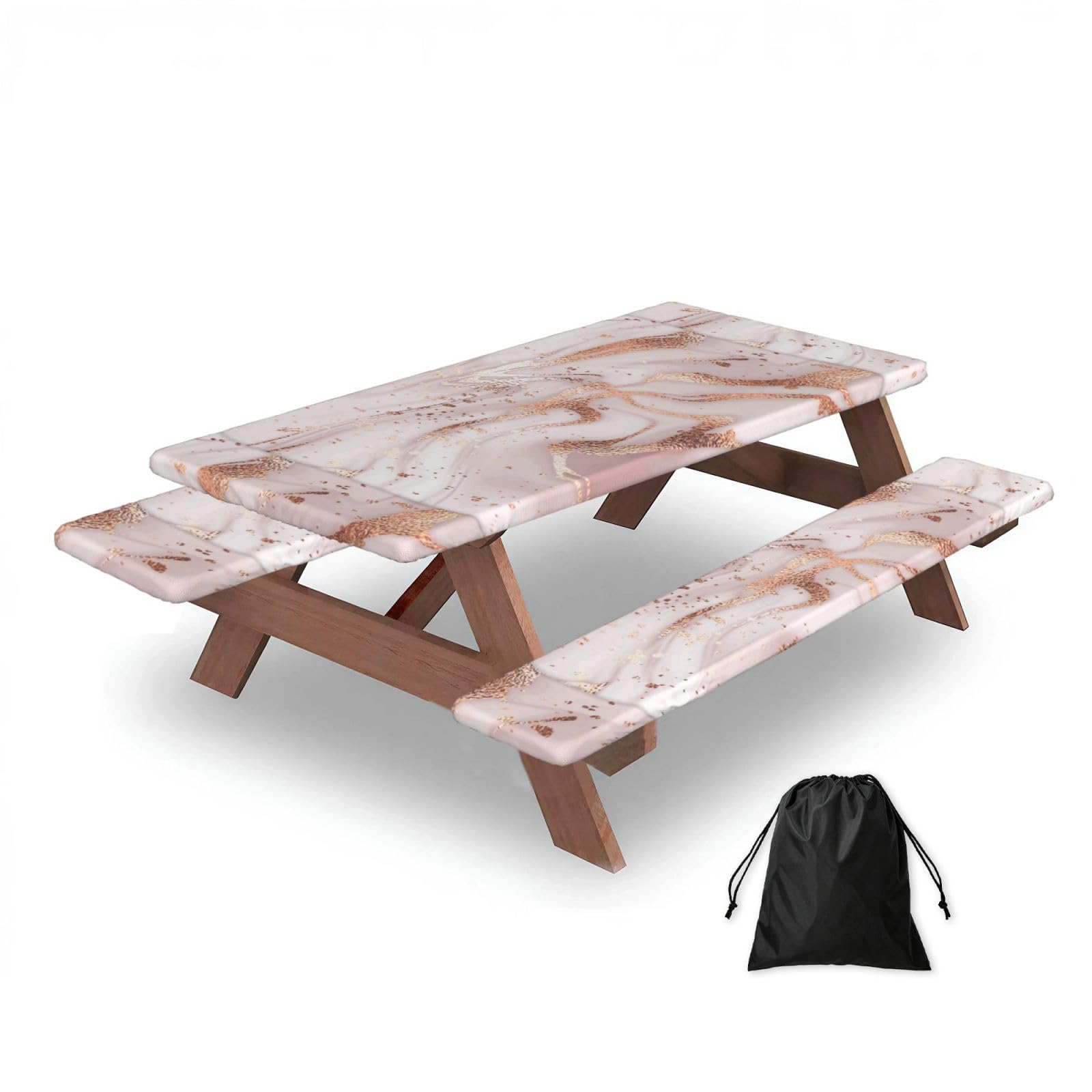Dopklna As Picture Liquid Abstract Marble With Rose Gold Glitter Splatter Texture, Picnic Table Cover With Bench Covers -Waterproof Elastic Fitted Tablecloth For Garden Camping Patio 76X152cm