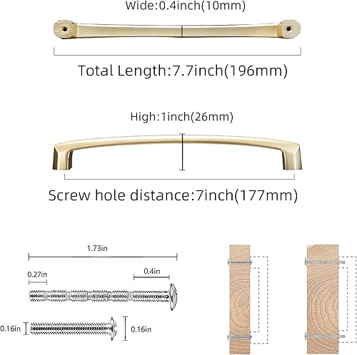 Miniatura 2 de COTYKILEY Paquete de 6 manijas de gabinete de cocina de latón cepillado de 7 pulgadas (6.969 in), tiradores dorados para puertas de gabinete,