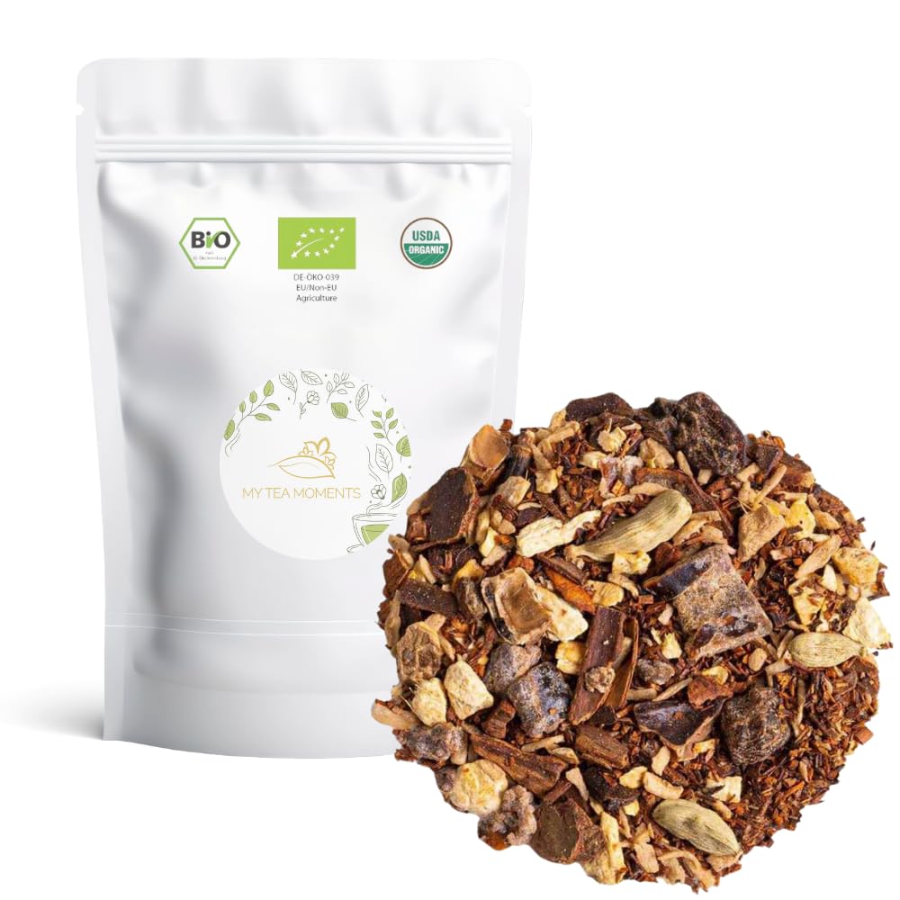 Rooibos de Canela y Jengibre a Granel 100 Gramos - My Tea Moments - Cultivo Sostenible - Ingredientes Naturales: Algarroba, Canela, Cardamomo, Coco, Dátil, Jengibre, Uva Pasa.